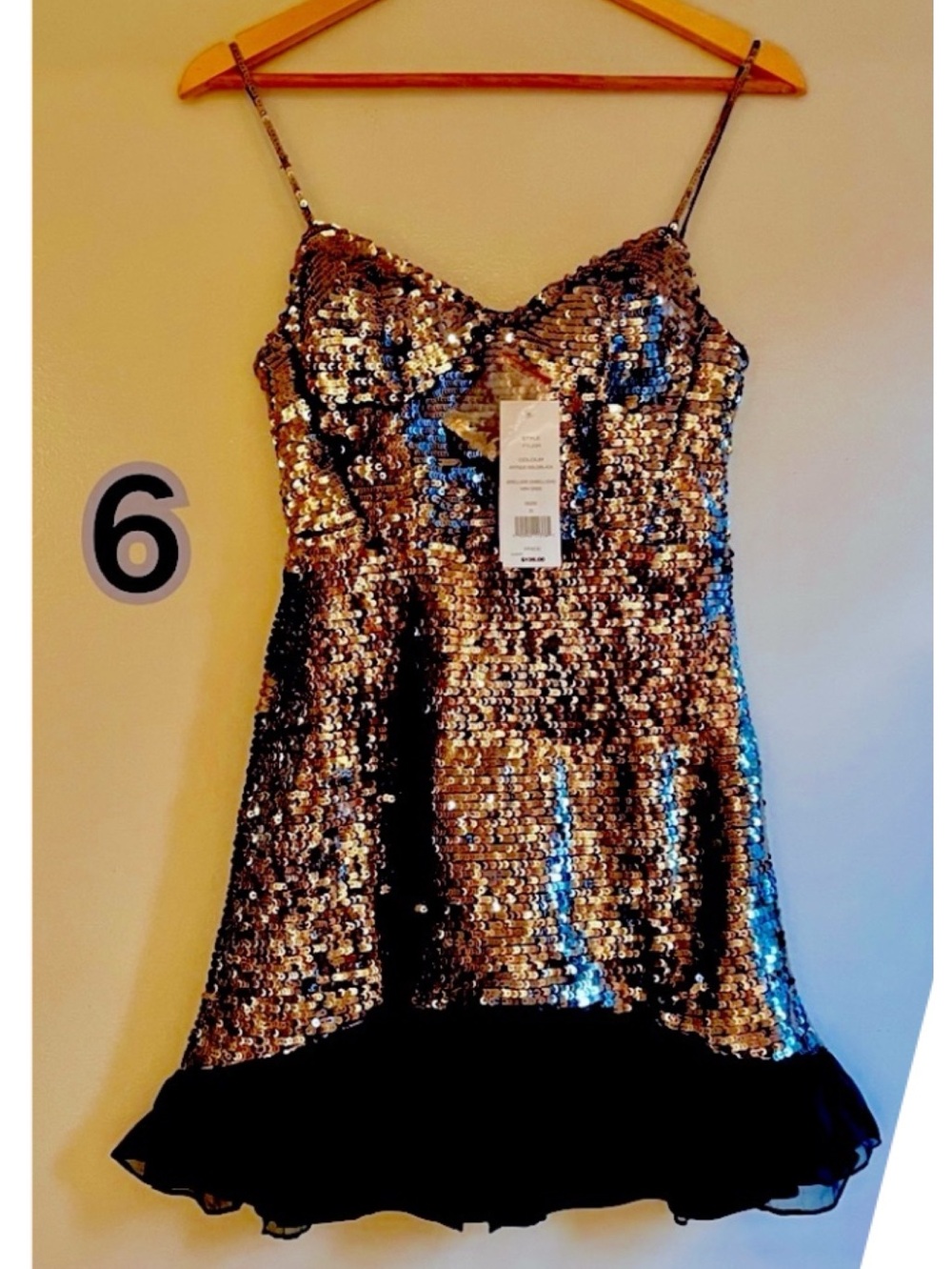French Connection sequin antique gold black embellished sequin ruffle dress knee